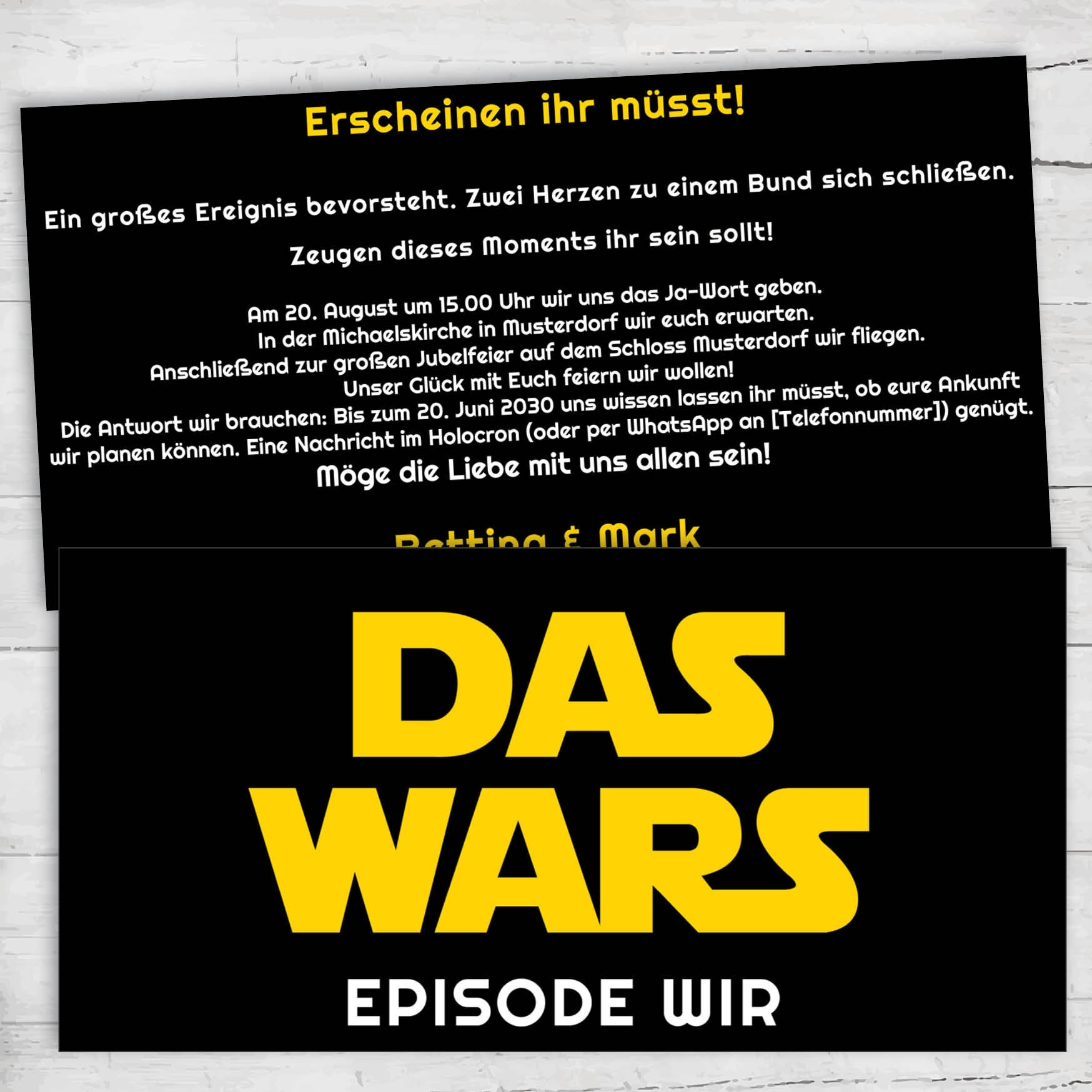 Hochzeitseinladung DAS WARS – EPISODE WIR | Kultiges Design im Sternenkrieg Stil | Gelb auf Schwarz - Individuelle Einladung